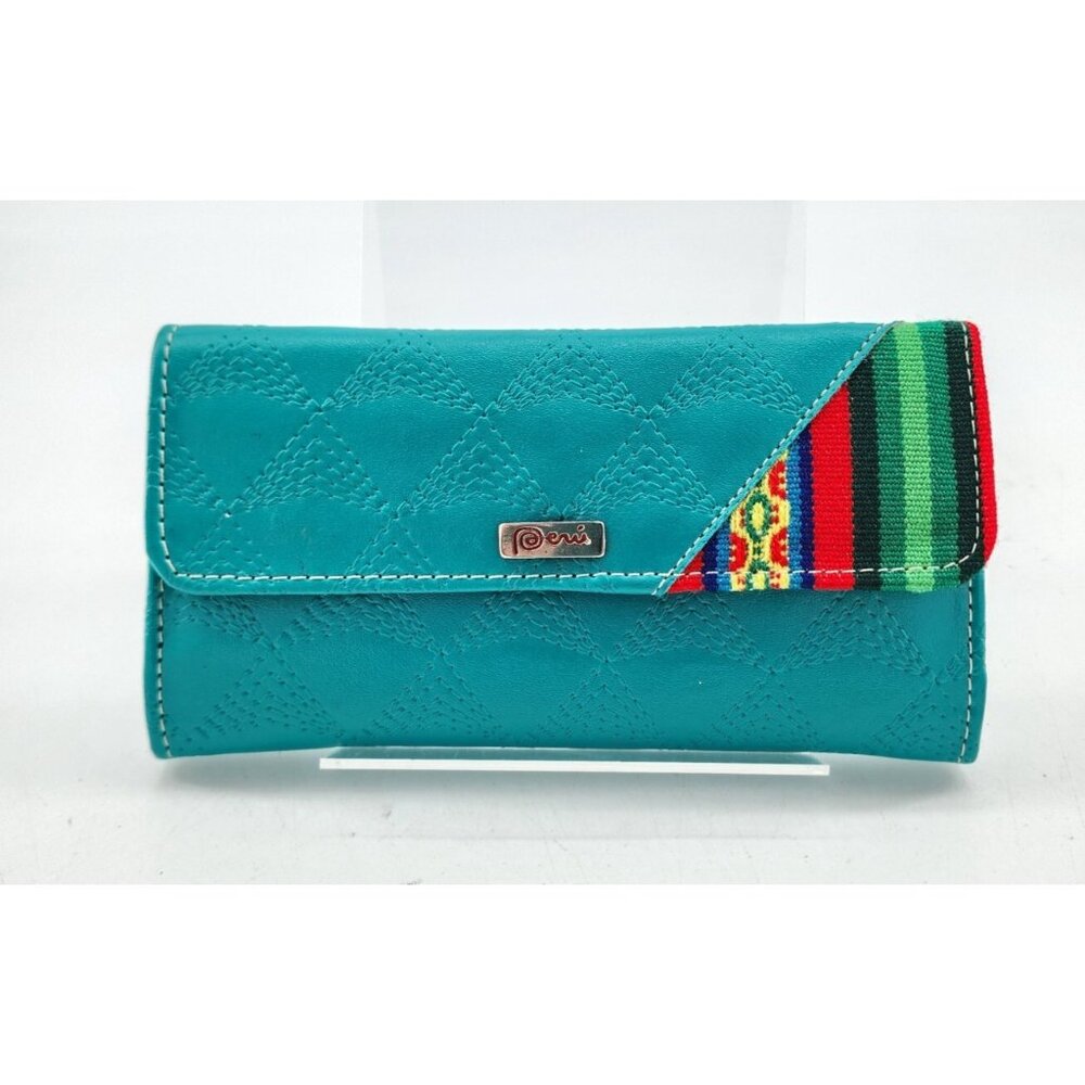 Handmade‎ Artisanal Peruvian Trifold Wallet Turquoise Blue/Multicolor Patch